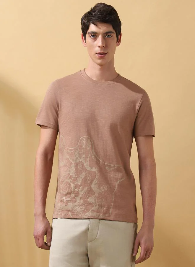 Dennis Lingo Men's Brown 100% Cotton Printed Regular Fit T-Shirt