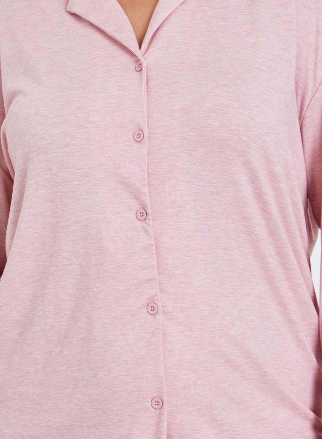 Styli Plus Melange Shirt and Wide Leg Pyjama Set - Image 3