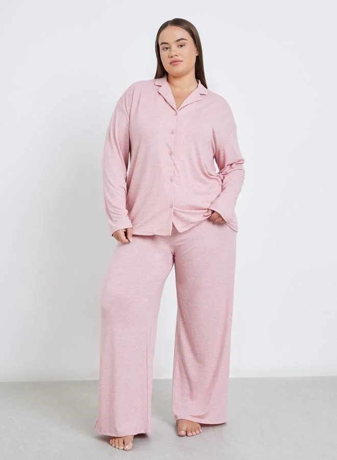 Styli Styli Plus Melange Shirt and Wide Leg Pyjama Set