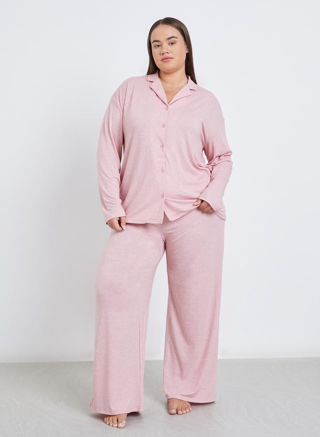 Styli Plus Melange Shirt and Wide Leg Pyjama Set - Image 1