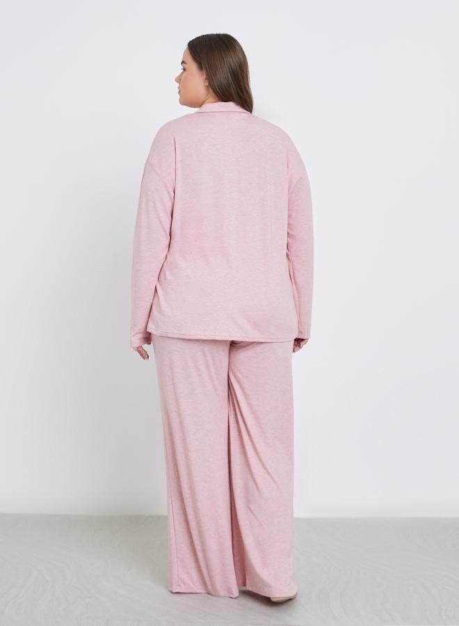 Styli Plus Melange Shirt and Wide Leg Pyjama Set - Image 4