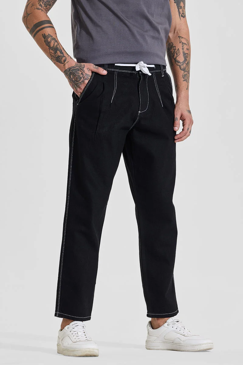 SNITCH Dark Jet Black Solid Loose Fit Streetwear Jeans