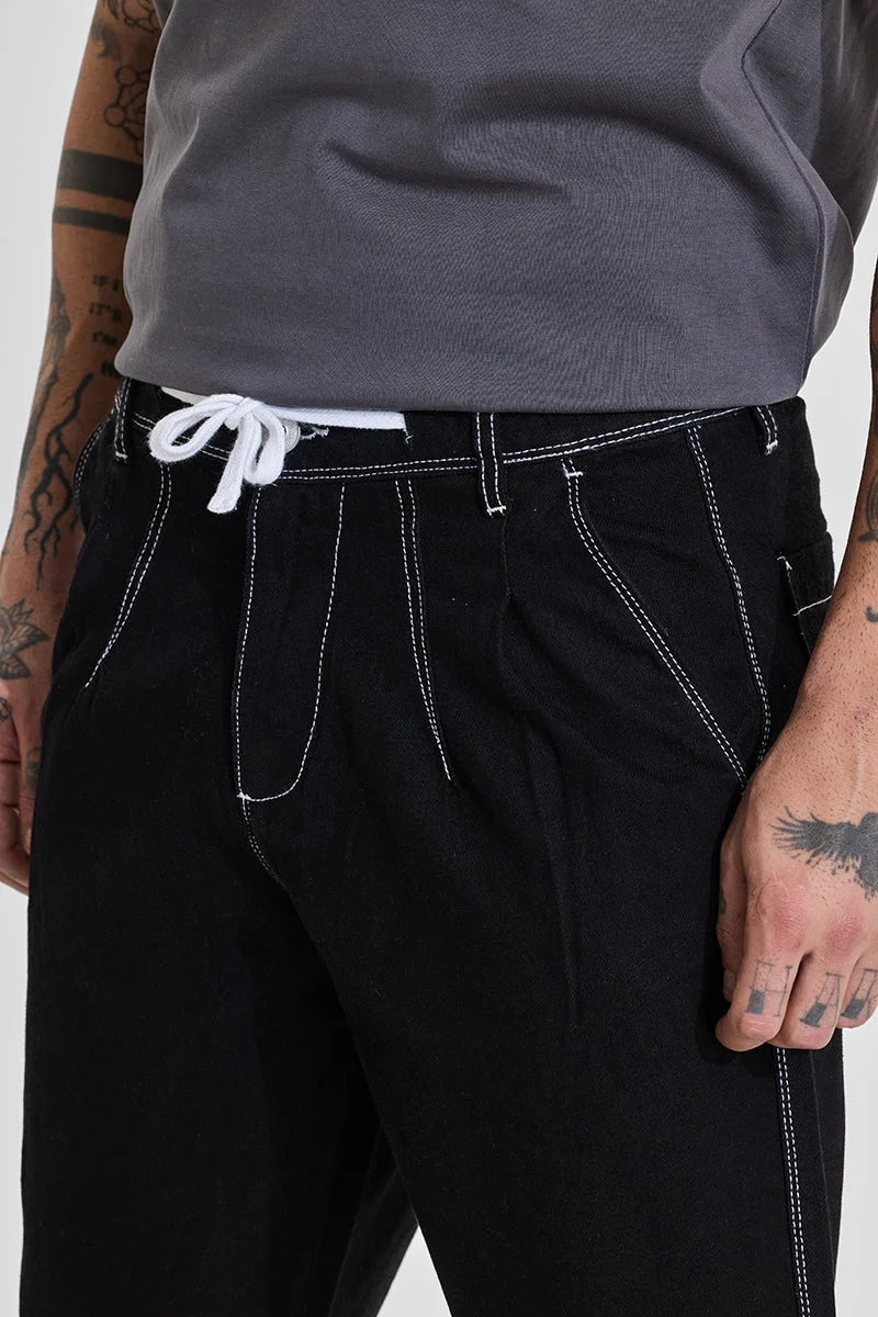 SNITCH Dark Jet Black Dark Jet Black Solid Loose Fit Streetwear Jeans for Men | Best Price UAE