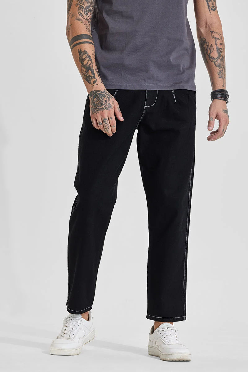 SNITCH Dark Jet Black Dark Jet Black Solid Loose Fit Streetwear Jeans for Men | Best Price UAE