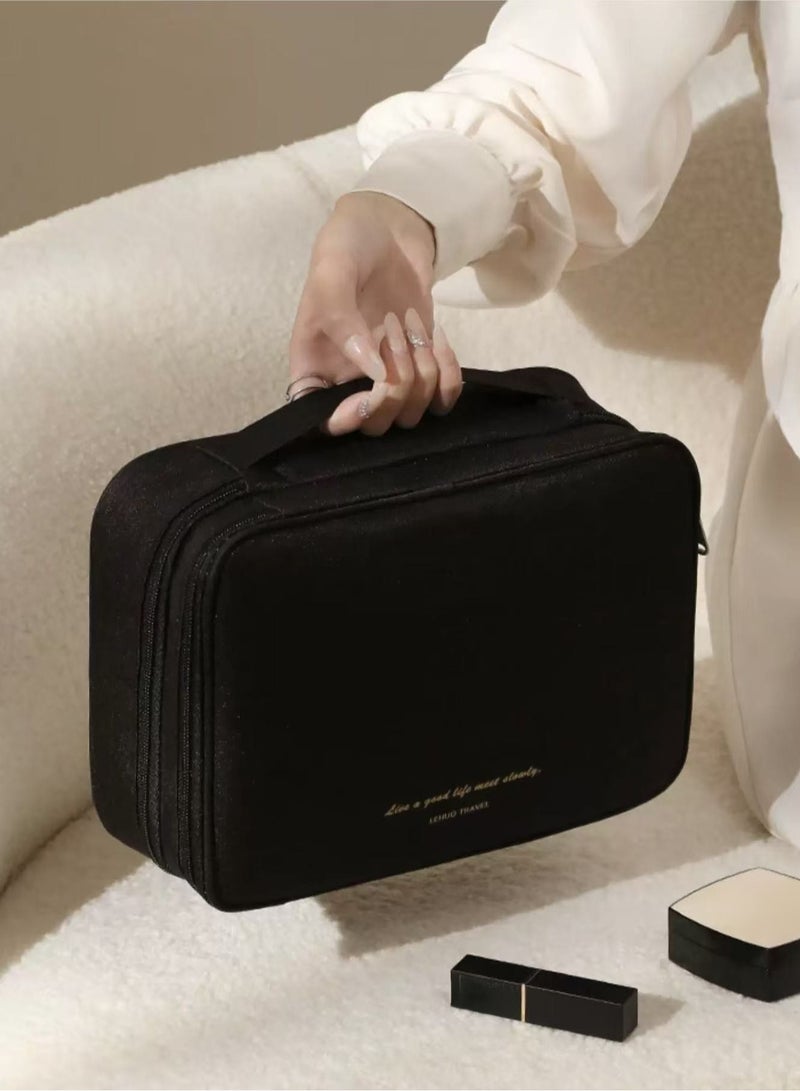 Large Black Makeup Bag with Removable Dividers, Travel Cosmetic Organizer, Zippered Mesh Pockets, Water-resistant & Portable Carry Case  - Image 1