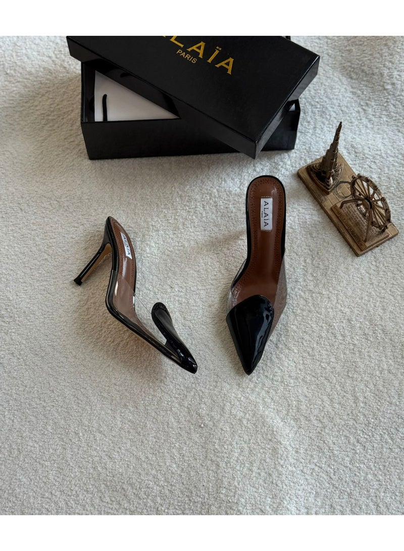 ALAIA PARIS ALAIA Abstrait 90 patent leather mules in black - Image 1