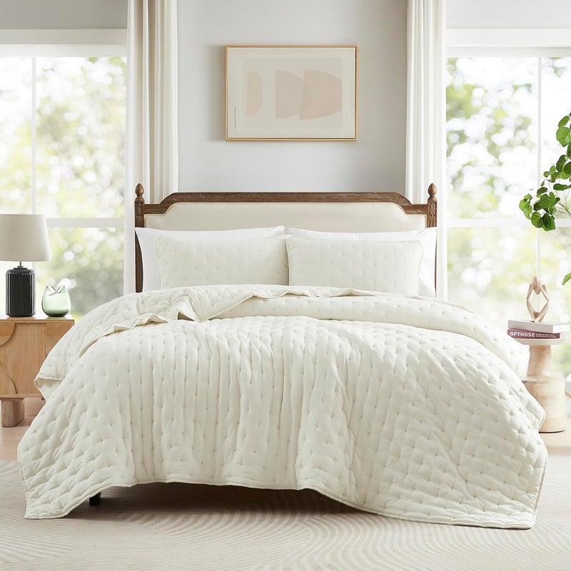WDCOZY Ivory California Cal King Size Quilt Bedding Sets with Pillow Shams, Oversized Cream Lightweight Bedspread Coverlet, Soft Bed Cover for All Season - 3 Pieces, 118x106 inches - Image 1