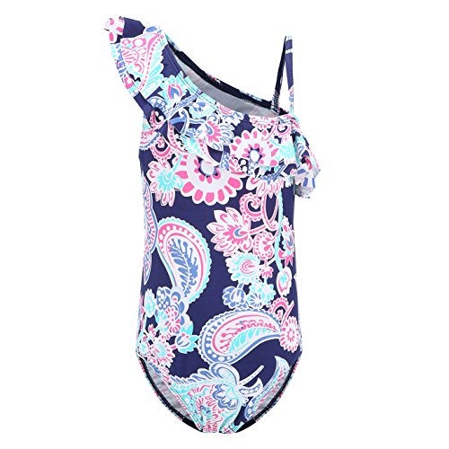 HowJoJo Big Girls One Piece Swimsuits One Shoulder Ruffle Swimwear Floral Bathing Suit Blue Size 8/7-8 - Image 1