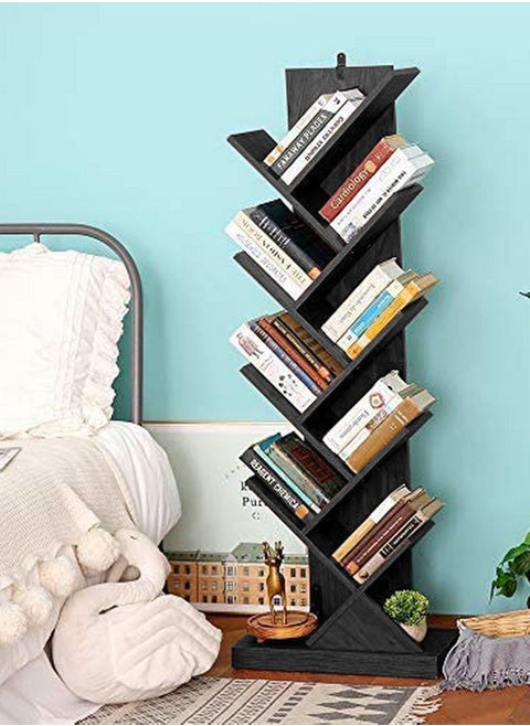 رف كتب 9 طبقات على شكل شجرة أسود خشب طبيعي
