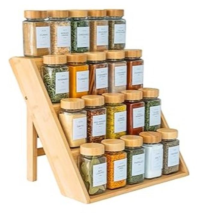 سبيس شوب منظم توابل من المطبخ، رف توابل خشبي قوي، 3 طبقات - Image 1