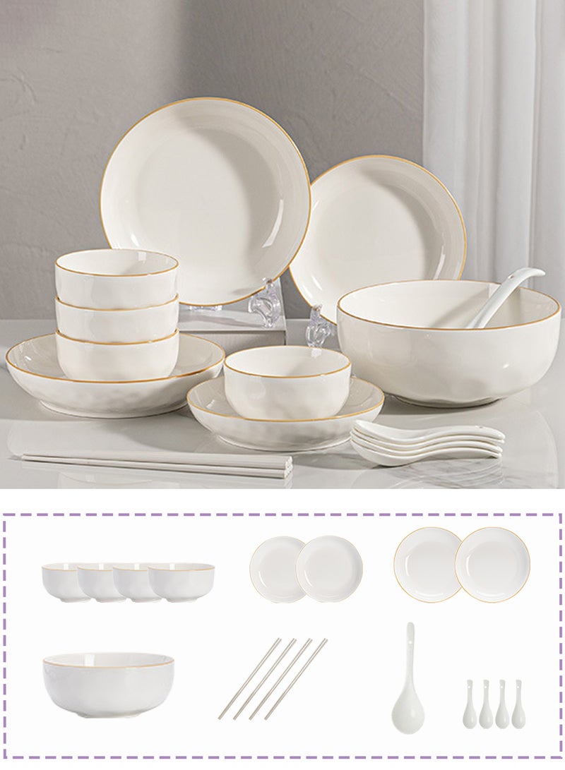 طقم أدوات مائدة سيراميك أنيق ذهبي اللون، مكون من 18 قطعة، مناسب لأربعة أشخاص، يتضمن 4 أوعية، و4 أطباق، و4 ملاعق، و4 أعواد طعام، ووعاء حساء، وملعقة حساء، مثالي لتناول الطعام في المنزل أو كهدية، وآمن للاستخدام في غسالة الأطباق - Image 1