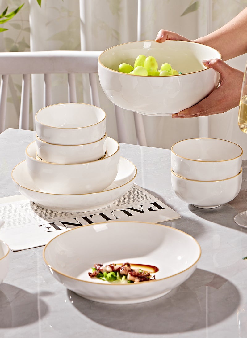 طقم أدوات مائدة سيراميك أنيق ذهبي اللون، مكون من 18 قطعة، مناسب لأربعة أشخاص، يتضمن 4 أوعية، و4 أطباق، و4 ملاعق، و4 أعواد طعام، ووعاء حساء، وملعقة حساء، مثالي لتناول الطعام في المنزل أو كهدية، وآمن للاستخدام في غسالة الأطباق - Image 3