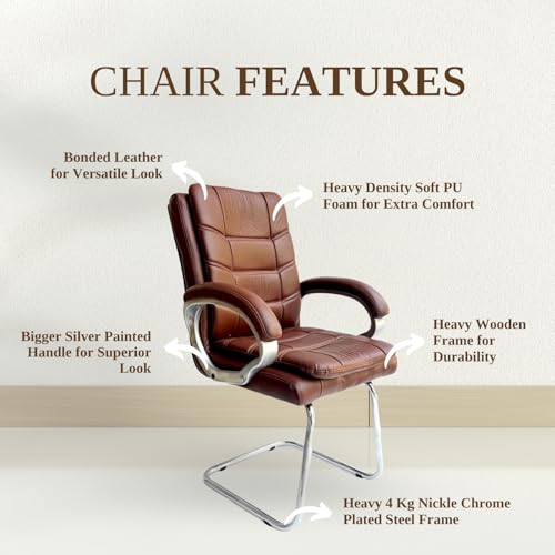 Binani Leather Executive Office Visitor Chair | Ergonomic Relax Chair for Study, Home, Reception| Comfortable Cushioned Seat Back, Double Pipe Frame with Arm Rest Guest Seating (1, Brown, Star) - Image 3