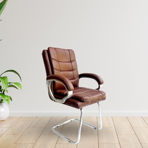 Binani Leather Executive Office Visitor Chair | Ergonomic Relax Chair for Study, Home, Reception| Comfortable Cushioned Seat Back, Double Pipe Frame with Arm Rest Guest Seating (1, Brown, Star) - Image 1