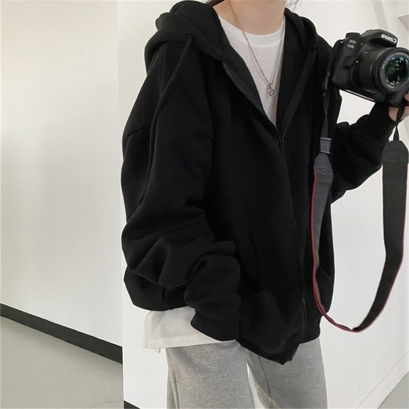 Euro-American Hoodie Zip Cardigan Casual Womens Black  - Image 1