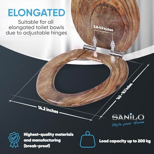 SANILO Wooden Toilet Seat with Soft Close [ELONGATED] - Decorative, Quiet & Slow Close Molded Wood Seat - With Strong Bumpers & Hinges - Adjustable Fit - Rustic - Image 4