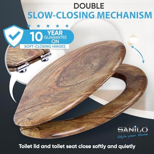 SANILO Wooden Toilet Seat with Soft Close [ELONGATED] - Decorative, Quiet & Slow Close Molded Wood Seat - With Strong Bumpers & Hinges - Adjustable Fit - Rustic - Image 3