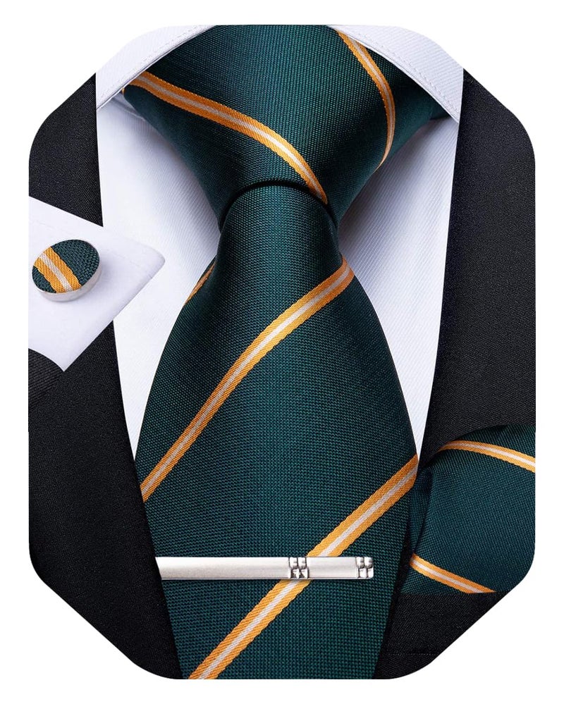 DiBanGu Mens Striped Tie Silk Woven Necktie and Pocket Square Cufflinks Tie Clip Set Wedding Business Formal Gift Tie for Men, Green and Gold - Image 1