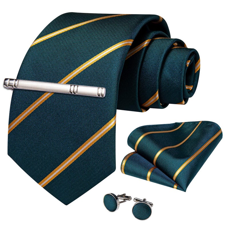 DiBanGu Mens Striped Tie Silk Woven Necktie and Pocket Square Cufflinks Tie Clip Set Wedding Business Formal Gift Tie for Men, Green and Gold - Image 2