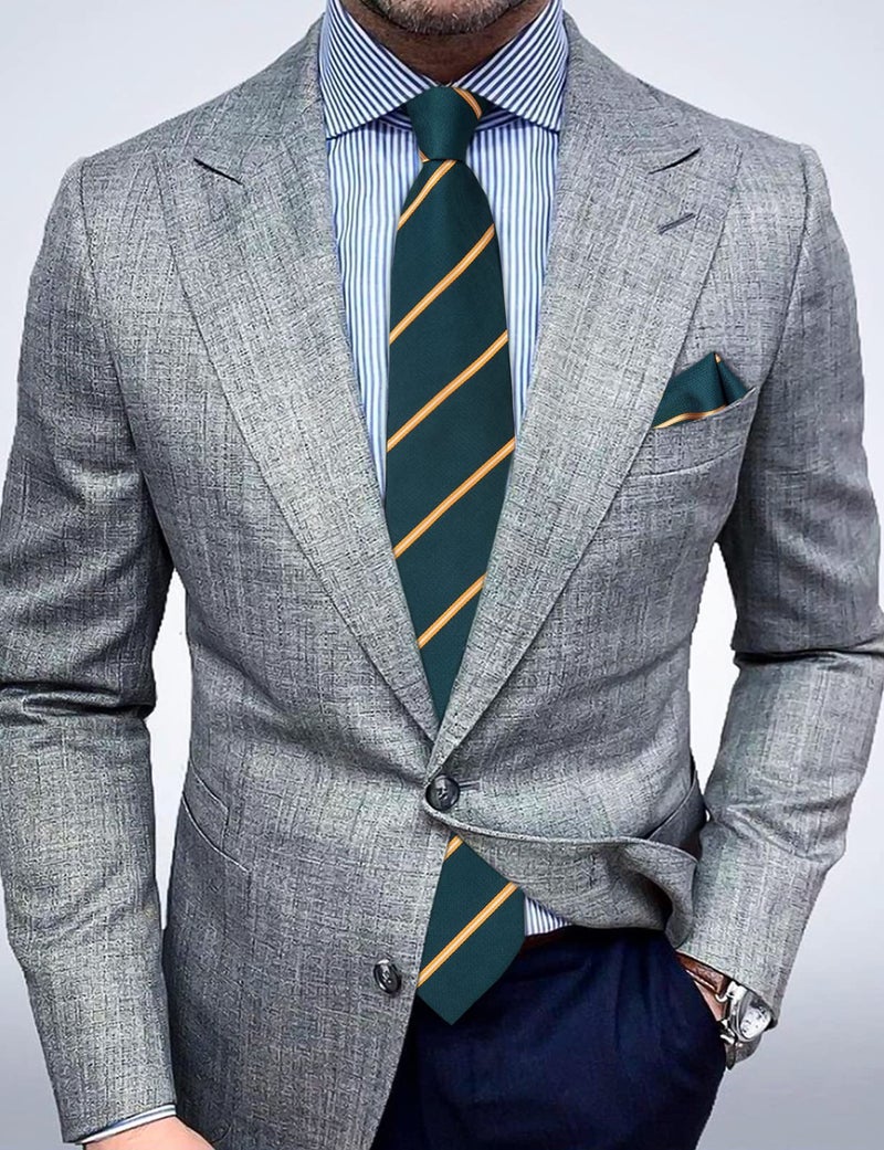 DiBanGu Mens Striped Tie Silk Woven Necktie and Pocket Square Cufflinks Tie Clip Set Wedding Business Formal Gift Tie for Men, Green and Gold - Image 3