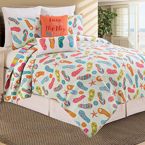 C&F Home CF Home Flip Flop Life 3 Piece FullQueen Quilt Set Coastal Tropical Beach Reversible Bedspread Coverlet for Spring Summer FullQueen 3 Piece Set Blue 