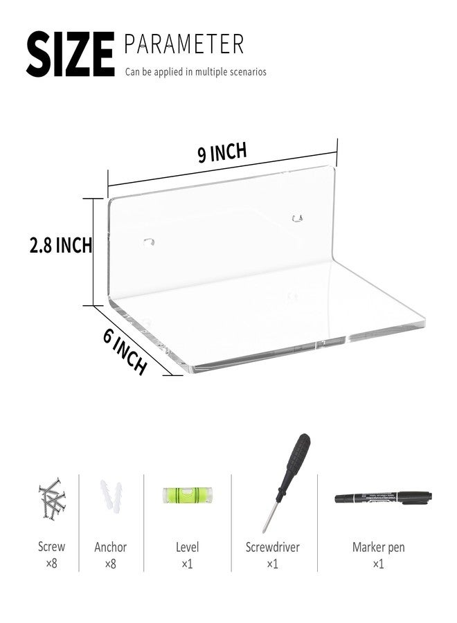 Hexsonhoma 9 Inch Clear Wall Shelves, Acrylic Small Floating Shelf, Home Wall Display Shelf for Storage, Room Décor, Space Saving, Items Organizer, Bathroom Organizer, 4 Pack - Image 2