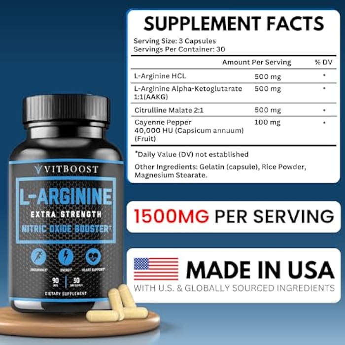 VITBOOST L Arginine Capsules with L-Citrulline 1500mg - Nitric Oxide Booster for Stamina, Muscle, Energy & Vascularity - L-Arginine and Essential Amino Supplement for Extra Strength | 30 Days Supply | 90 Count - Image 2