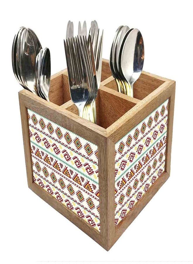 Nutcase Wooden Cutlery Stand Holder Silverware Caddy Spoons Forks Knives Organizer for Dining Table & Kitchen -Made in India-Spoons NOT Included - Beautiful Geometric Design - Image 1
