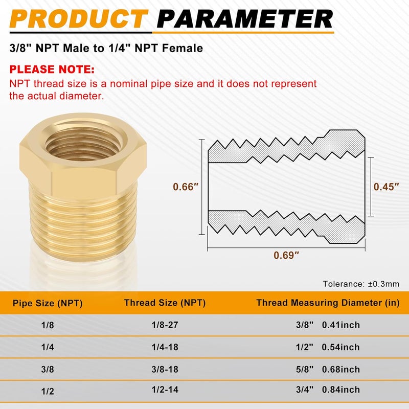 KOOTANS 4pcs Heavy Duty 3/8 NPT Male Thread to 1/4 NPT Female Thread Brass Reducer Hex Bushing Brass Fitting Pipe Hose Tube Adapter Convert - Image 2
