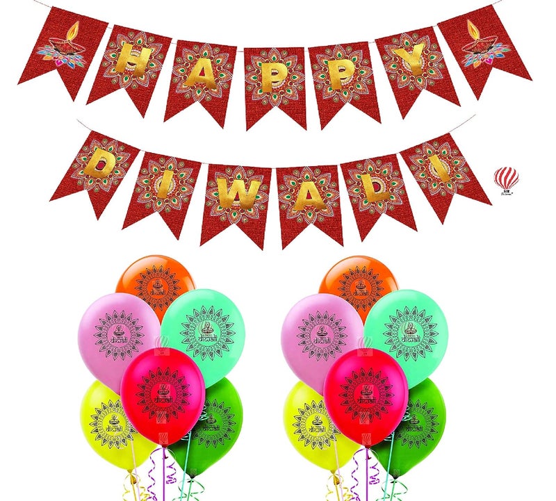 HK balloons Pack Of 31 Happy Diwali Decorations Printed Balloons With Happy Diwali Banner Decorations Set For Home Office Shop Diwali Festival Decoration and Celebration - Image 1