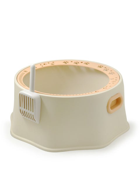 Large Round Cat Litter Box with High Rim, Paw Prints, and Side Handles Durable PP Material with Cleaning Scoop