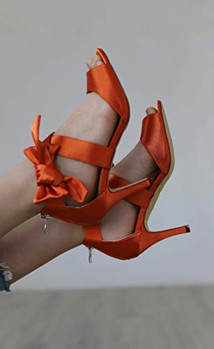Creativesugar Women's Bow Sandals Satin Dress Shoes Bridal Wedding Heels, Party Show Shoes (Orange, 7.5) - Image 5