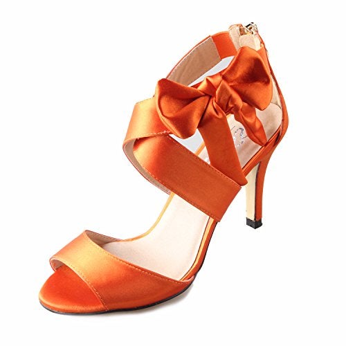Creativesugar Women's Bow Sandals Satin Dress Shoes Bridal Wedding Heels, Party Show Shoes (Orange, 7.5) - Image 1