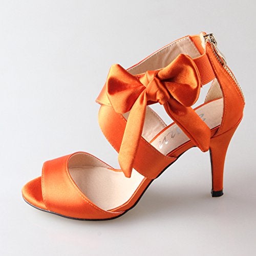 Creativesugar Women's Bow Sandals Satin Dress Shoes Bridal Wedding Heels, Party Show Shoes (Orange, 7.5) - Image 4