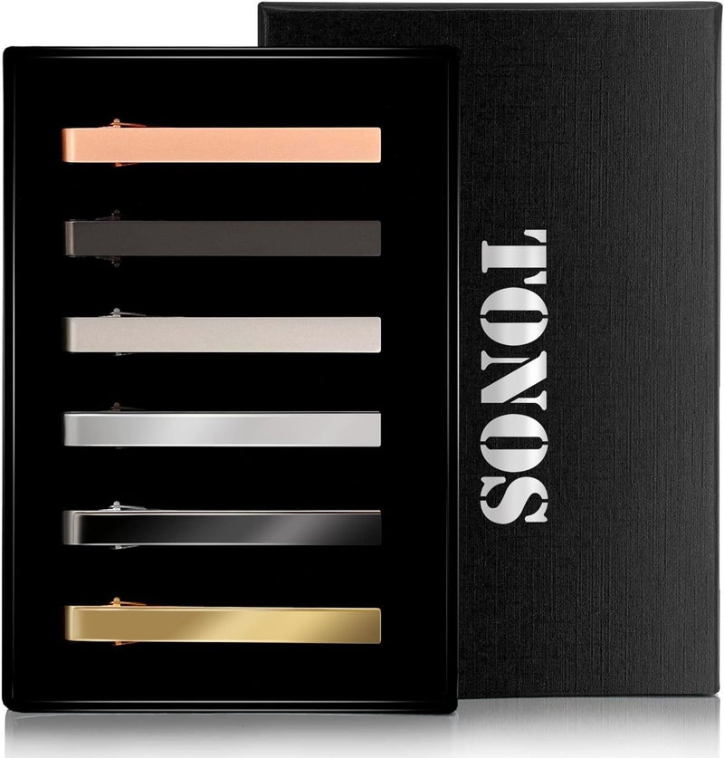 TONOS Tie Clips for Men, 6 PACK Tie Clip Set with Elegant Gift Box - Shiny & Matte Tie Clips Black, Silver, Gold Tie Bar Tie Pinch Tie Clasp. Nice Gift for Father, Husband, Boyfriend, Wedding (Classic 6PC) - Image 1