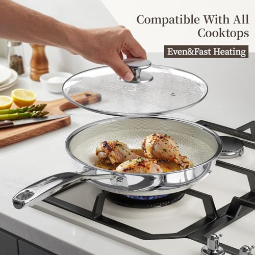 Innerwell 8 Inch Non Stick Frying Pan with Lid, Ceramic Hybrid Tri-Ply Stainless Steel Nonstick Skillet W/Lid, Small No Toxic Cooking Pans Induction Egg Frying Pan W/Stay Cool Handle, PFAS/PFOA/PTFE Free - Image 4