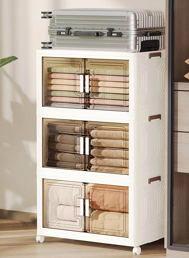 Noon East 4 Layers 70 cm Folding Storage Bins Organizer, Collapsible Storage Box with Wheels and Door, Stackble Plastic Storage Container for Clothing, Books and Sundries, 70*41*151 cm, Cream - Image 3