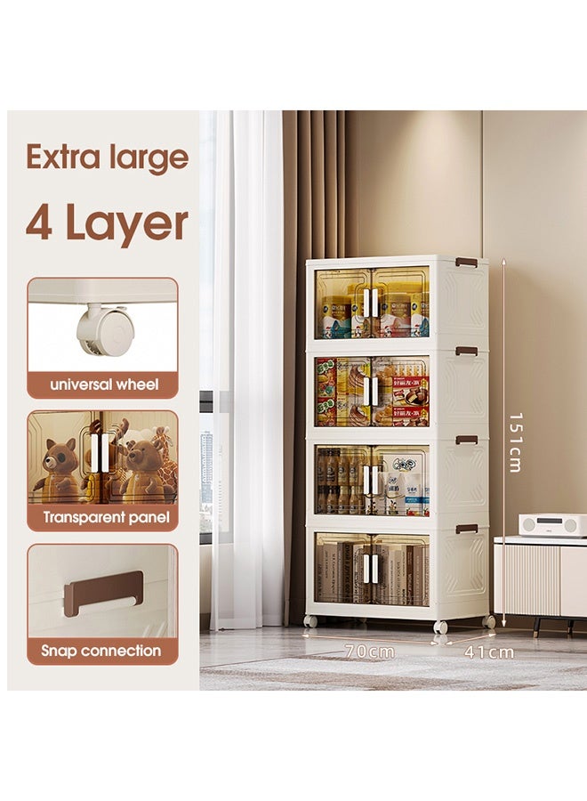 Noon East 4 Layers 70 cm Folding Storage Bins Organizer, Collapsible Storage Box with Wheels and Door, Stackble Plastic Storage Container for Clothing, Books and Sundries, 70*41*151 cm, Cream - Image 5