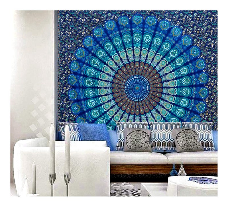 raajsee raajsee Turquoise Blue Tapestry Best Mandala Wall Hanging Bedding Tapestry For Bedroom AestheticSize TWIN 140 X 210 CMS 