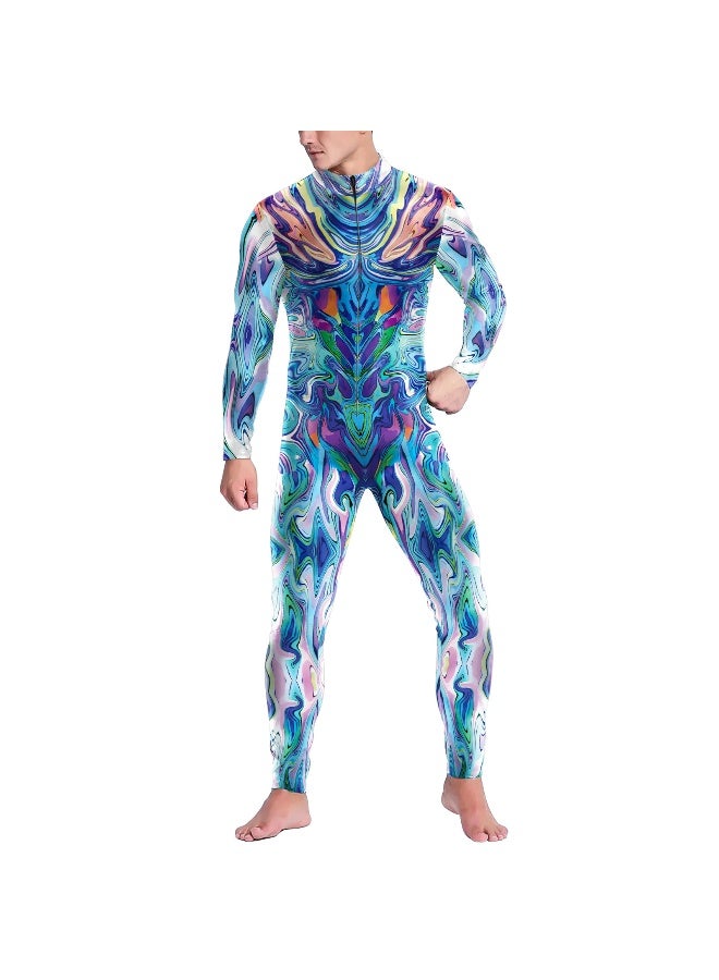 Men's Digital Printing Tight-fitting One-piece Shirt With Open Collar And Zipper Long-sleeved Spring-autumn Style - Image 1