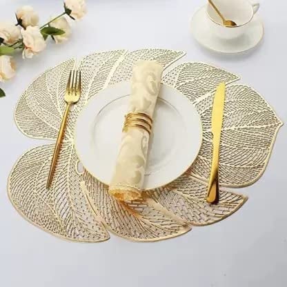 Kritvi Placemat, Place Mat, Table Mat, Round Shape Place Mats, Dressing Table MATS, Table mat Round/Round PVC Table mats/Cutwork/Bed Side Table mats (Pack of 2) (Big Leaf Gold) - Image 1