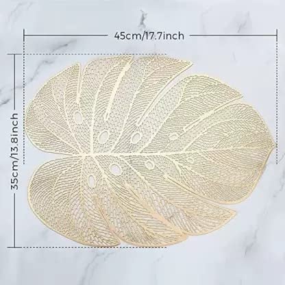 Kritvi Placemat, Place Mat, Table Mat, Round Shape Place Mats, Dressing Table MATS, Table mat Round/Round PVC Table mats/Cutwork/Bed Side Table mats (Pack of 2) (Big Leaf Gold) - Image 2
