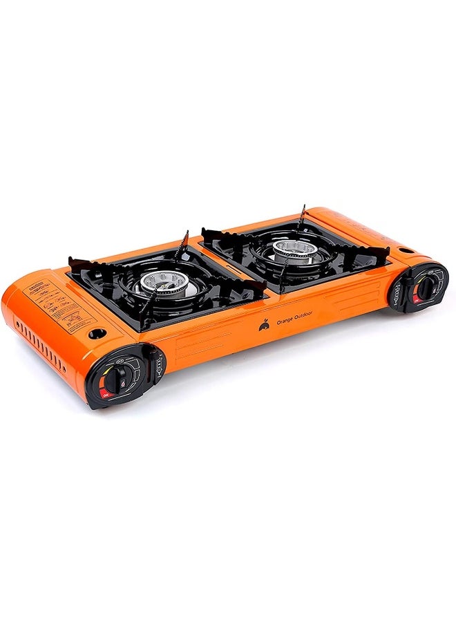 AL MADINA Alsaqer Double Burner Camping Stove with BBQ Grill Caston hotplate, Hamburger Tray, GO2CAMPS BBQ tools with Carry Case  - Image 4