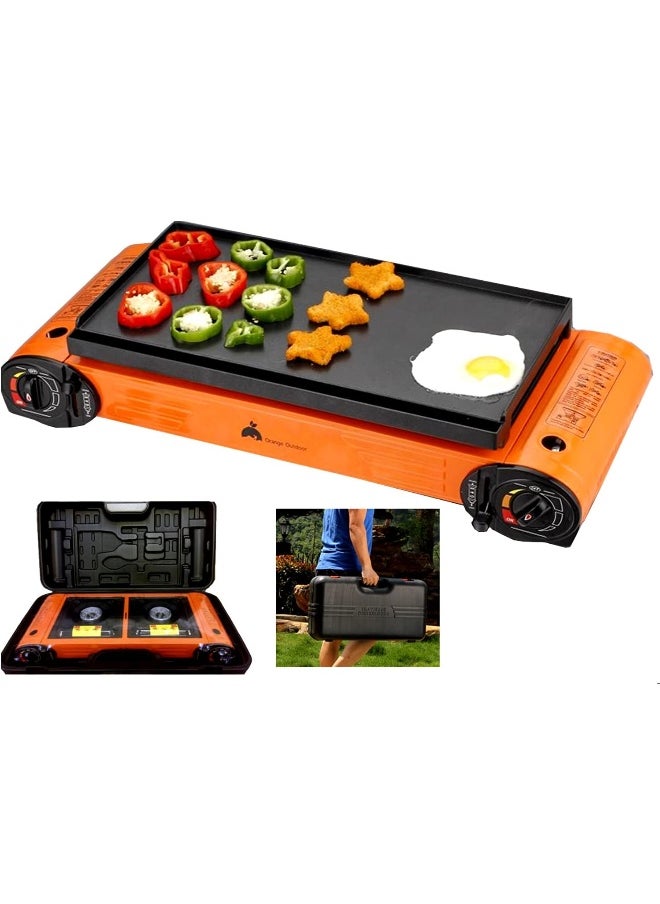 AL MADINA Alsaqer Double Burner Camping Stove with BBQ Grill Caston hotplate, Hamburger Tray, GO2CAMPS BBQ tools with Carry Case  - Image 2