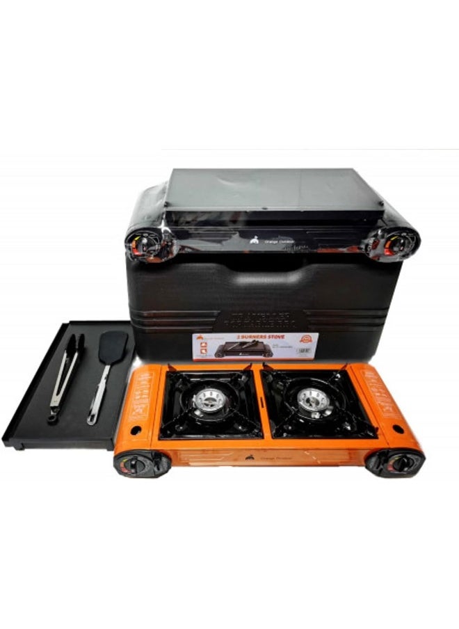 AL MADINA Alsaqer Double Burner Camping Stove with BBQ Grill Caston hotplate, Hamburger Tray, GO2CAMPS BBQ tools with Carry Case  - Image 1
