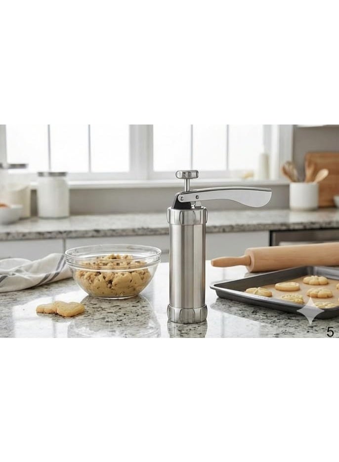 ماكينة صنع البسكويت اليدوية المصنوعة من الفولاذ المقاوم للصدأ مع أقراص تشكيل متعددة | مسدس البسكويت لصنع البسكويت والمعجنات المنزلية | سهلة الاستخدام، متينة، مثالية للخبز - Image 3