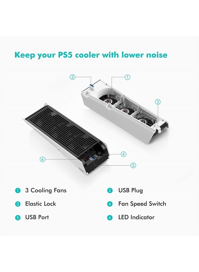Cooling Accessories for PS5, KIWIHOME Horizontal Cooling Fan for PS5, Upgraded Quiet Cooler Fan with LED Light and USB3.0 Hubs for PS5 Disc and Digital Edition, Not for PS5 Slim (White)