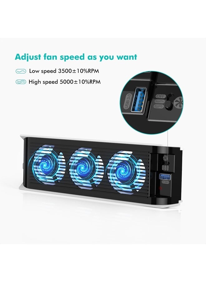 Cooling Accessories for PS5, KIWIHOME Horizontal Cooling Fan for PS5, Upgraded Quiet Cooler Fan with LED Light and USB3.0 Hubs for PS5 Disc and Digital Edition, Not for PS5 Slim (White)