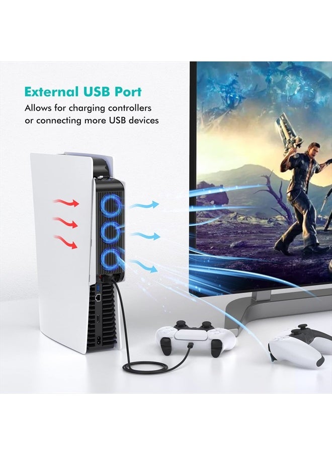 Cooling Accessories for PS5, KIWIHOME Horizontal Cooling Fan for PS5, Upgraded Quiet Cooler Fan with LED Light and USB3.0 Hubs for PS5 Disc and Digital Edition, Not for PS5 Slim (White)