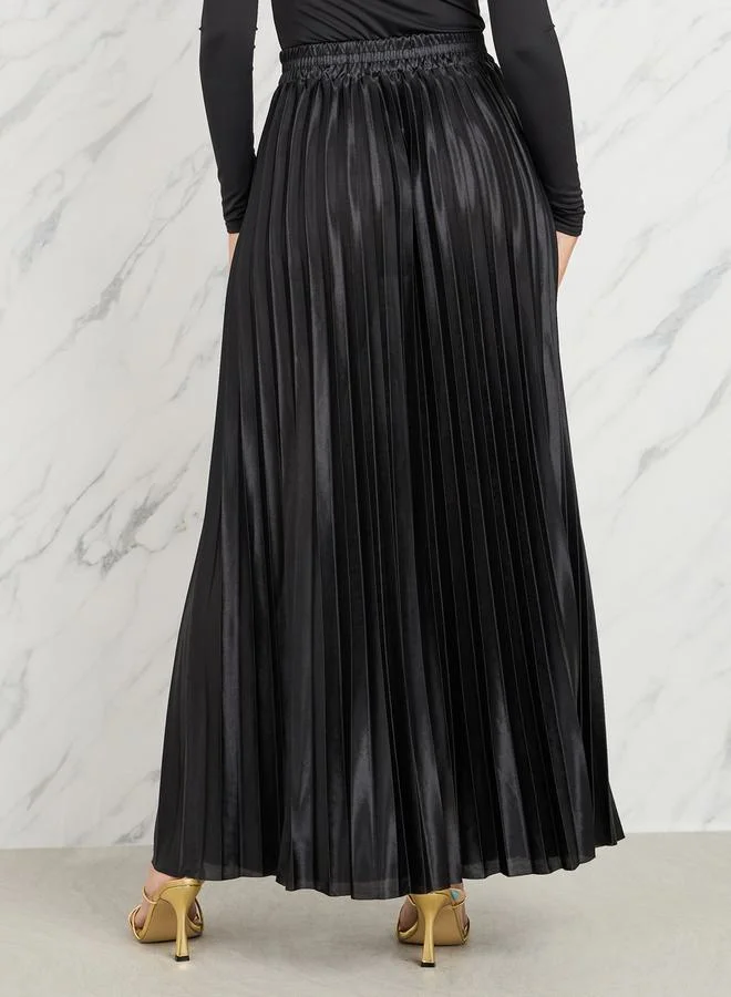 Styli Satin Pleated High Rise A-Line Maxi Skirt